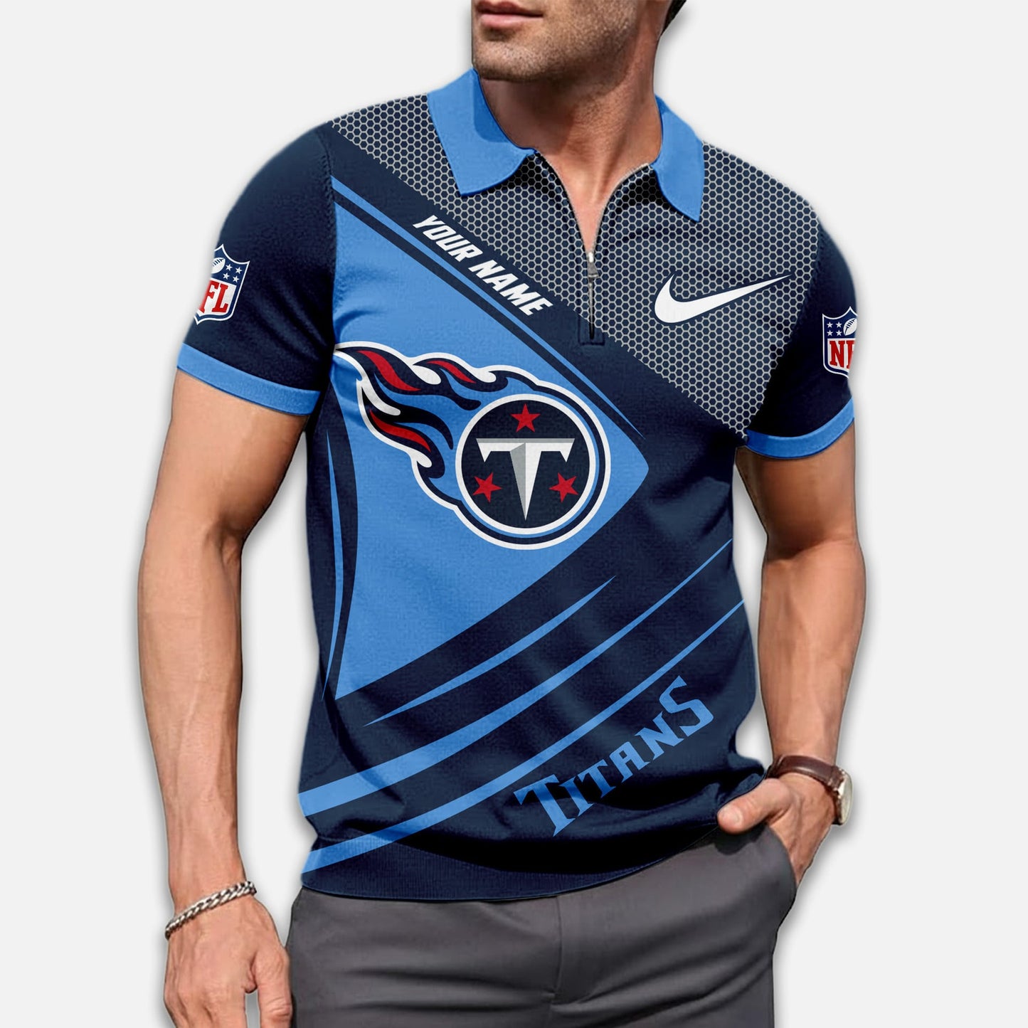 LIMITED EDITION - NEW CUSTOMIZED NFL31 TST TENNESSEE TITANS ZIP POLO SHIRT