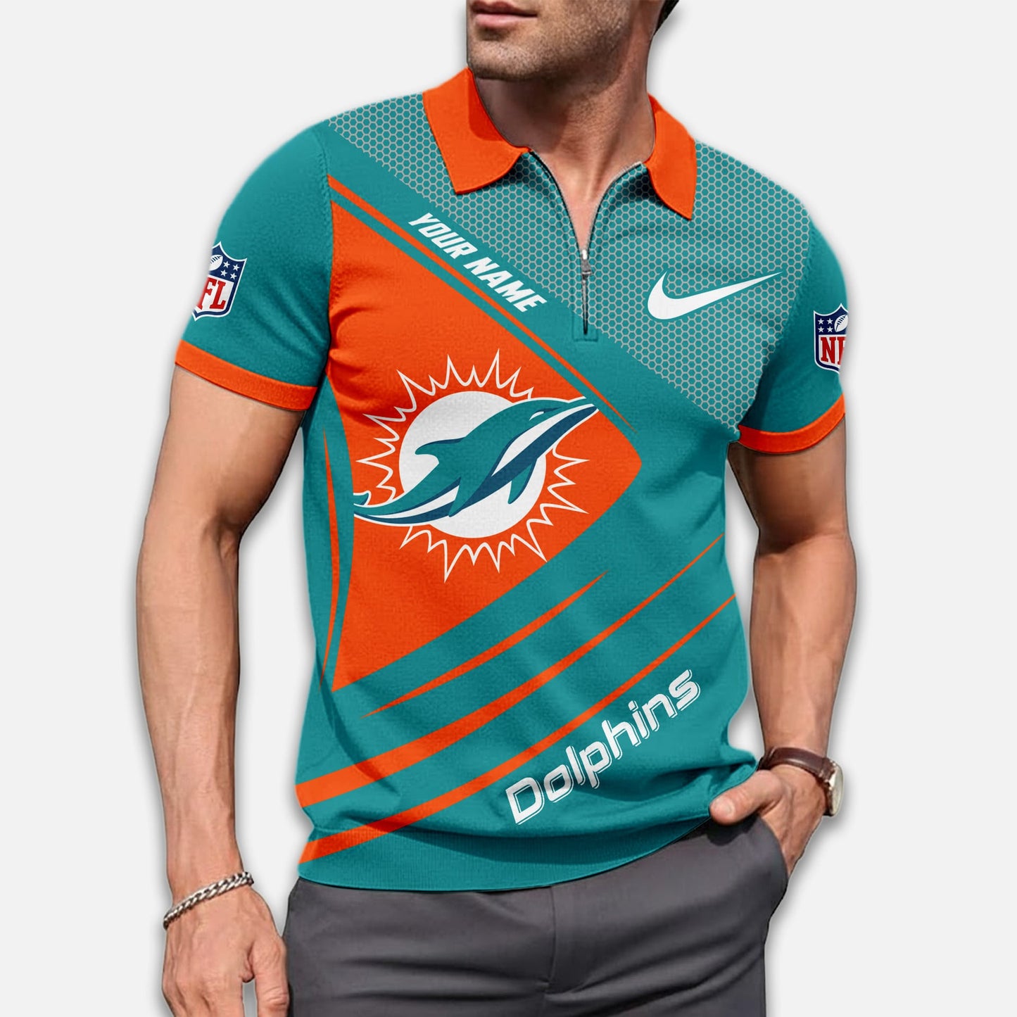 LIMITED EDITION - NEW CUSTOMIZED NFL19 MDP MIAMI DOLPHINS ZIP POLO SHIRT