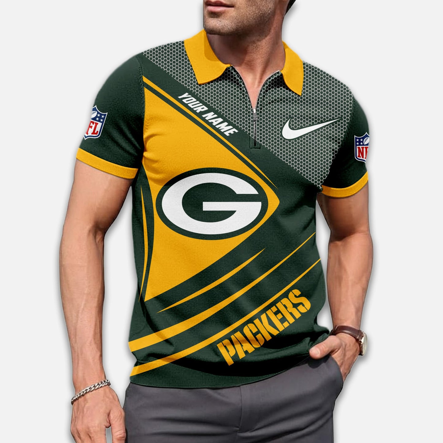 LIMITED EDITION - NEW CUSTOMIZED NFL08 GBP GREEN BAY PACKERS ZIP POLO SHIRT
