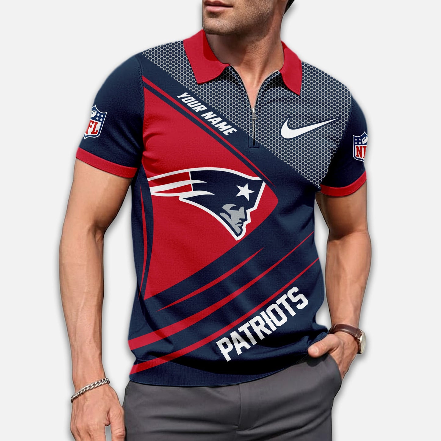 LIMITED EDITION - NEW CUSTOMIZED NFL27 NEP NEW ENGLAND PATRIOTS ZIP POLO SHIRT