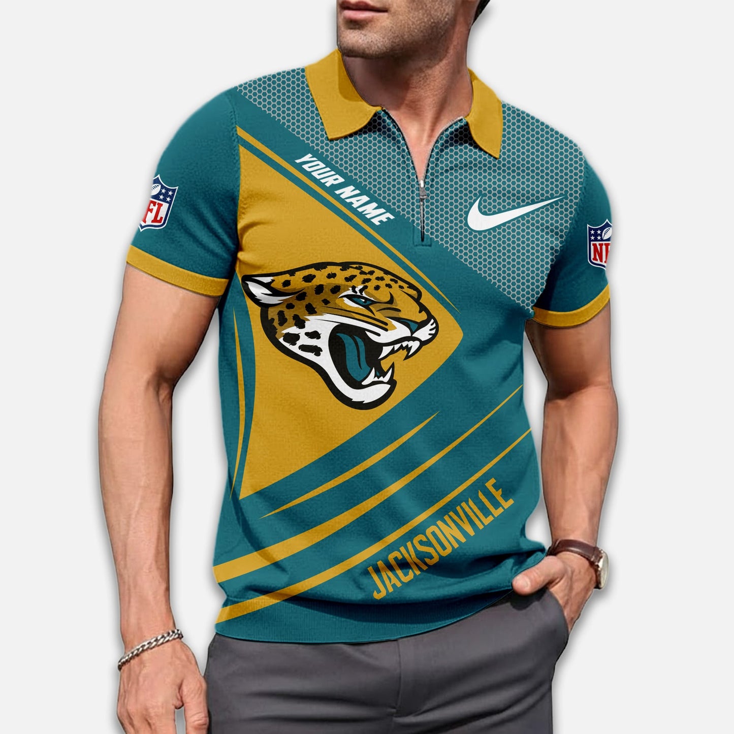 LIMITED EDITION - NEW CUSTOMIZED NFL30 JSJ JACKSONVILLE JAGUARS ZIP POLO SHIRT