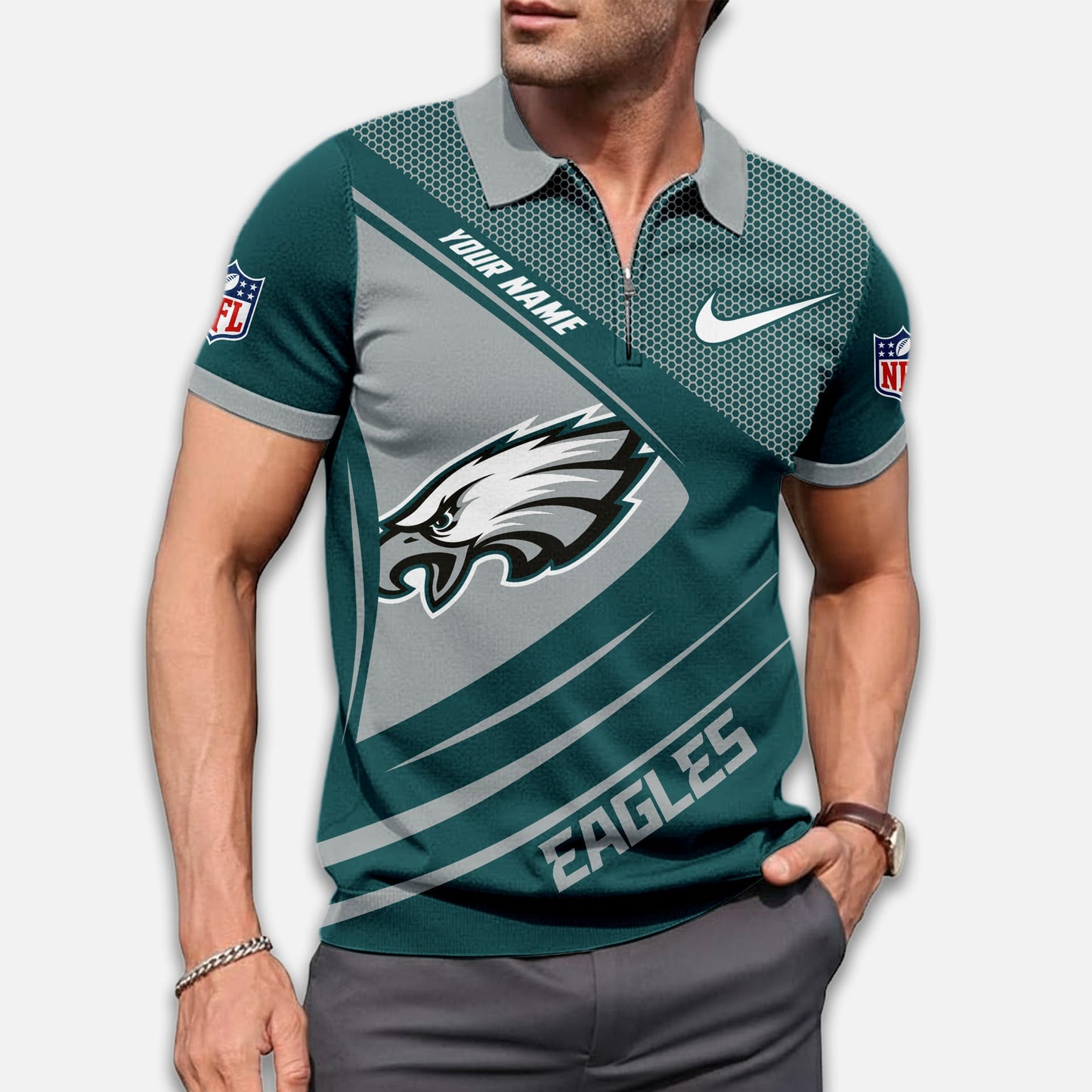LIMITED EDITION - NEW CUSTOMIZED NFL02 PPE PHILADELPHIA EAGLES ZIP POLO SHIRT