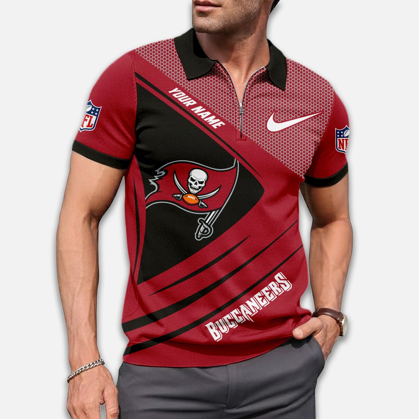 LIMITED EDITION - NEW CUSTOMIZED NFL10 TBB TAMPA BAY BUCCANEERS ZIP POLO SHIRT