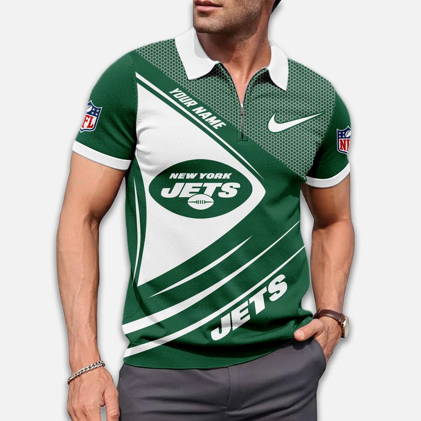 LIMITED EDITION - NEW CUSTOMIZED NFL25 NYJ NEW YORK JETS ZIP POLO SHIRT
