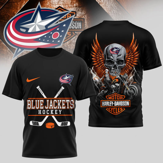 LIMITED EDITION - NEW CUSTOMIZED NHL18 CBJ COLUMBUS BLUE JACKETS x HARLEY DAVIDSON UNISEX T-SHIRT