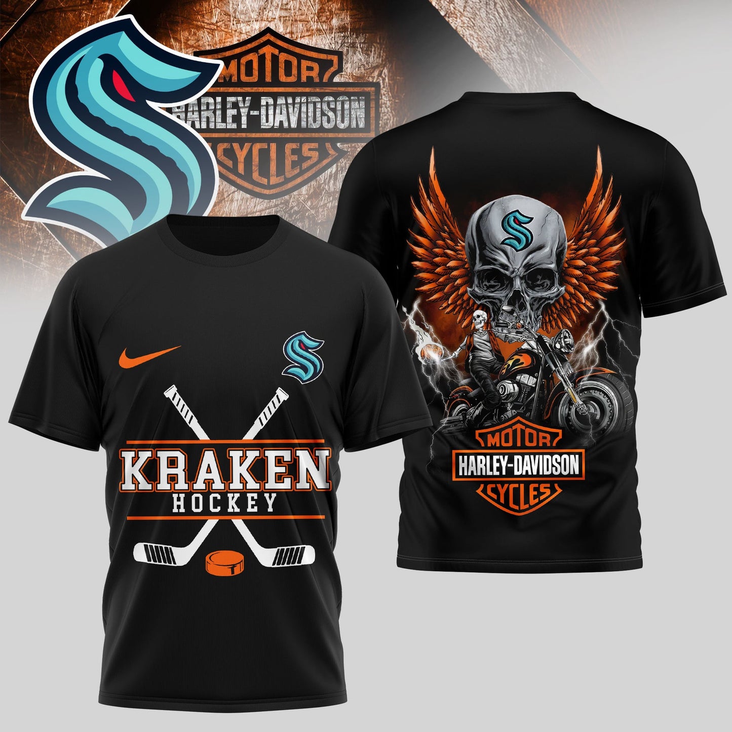 LIMITED EDITION - NEW CUSTOMIZED NHL20 STK SEATTLE KRAKEN x HARLEY DAVIDSON UNISEX T-SHIRT
