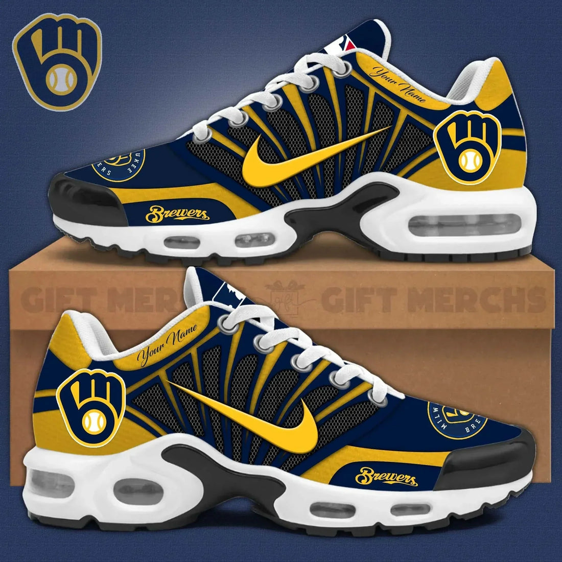 LIMITED EDITION - NEW CUSTOMIZED MLB15 MBS MILWAUKEE BREWERS UNISEX AIR MAX PLUS SNEAKERS