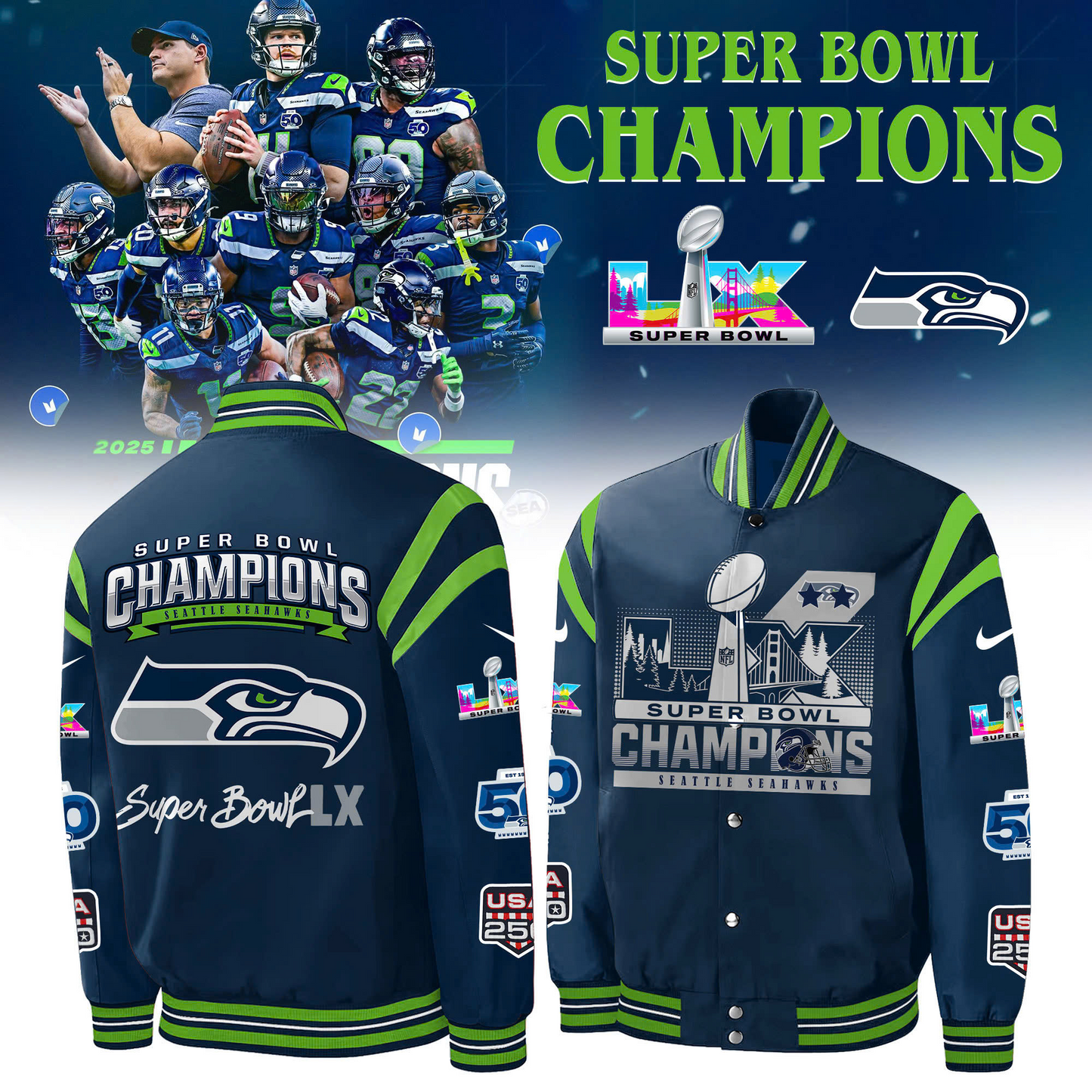 LIMITED EDITION - NEW CUSTOMIZED NFL06 SSH SEATTLE SEAHAWKS CHAMPIONS BASEBALL & BOMBER JACKET 03