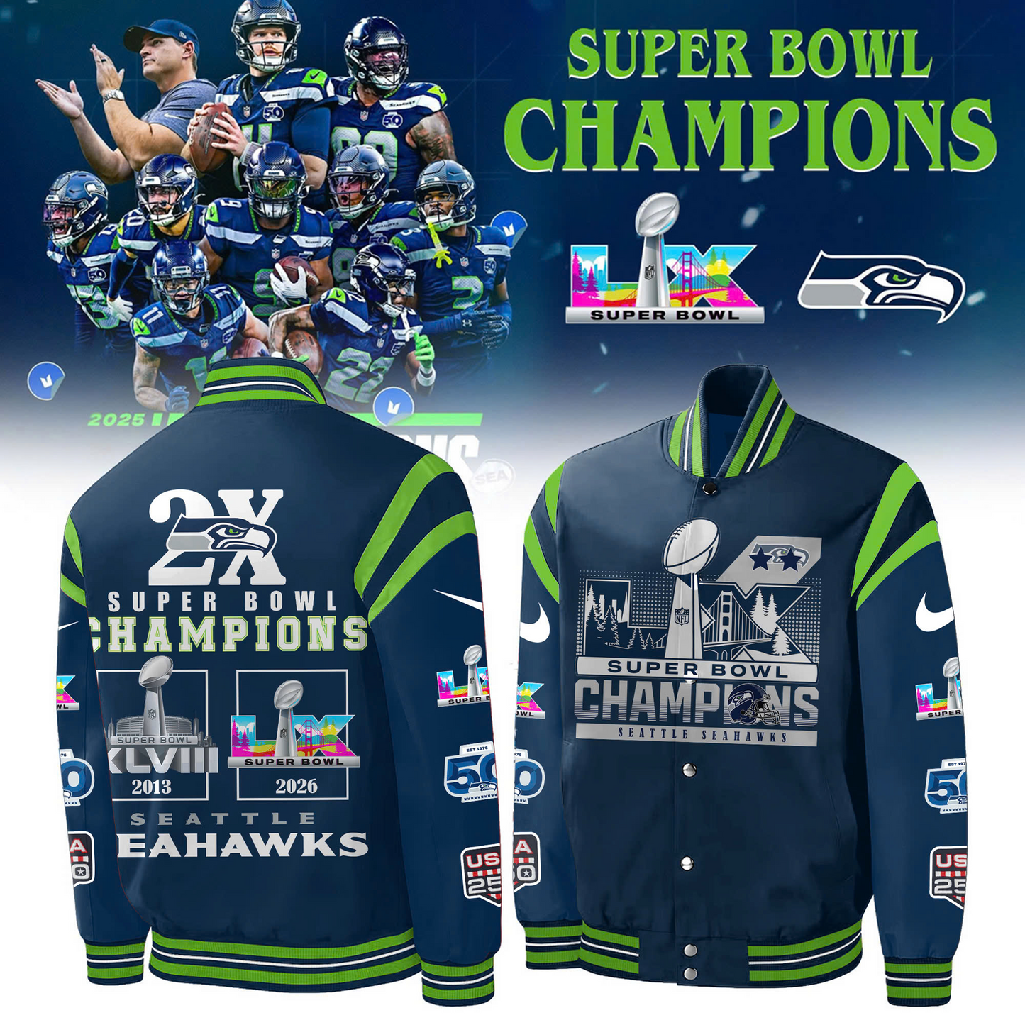 LIMITED EDITION - NEW CUSTOMIZED NFL06 SSH SEATTLE SEAHAWKS CHAMPIONS BASEBALL & BOMBER JACKET 02
